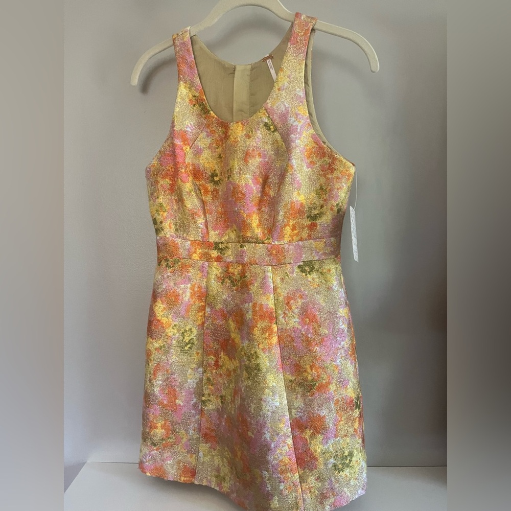 Free People Metallic Gold Floral Brocade Dress Size 0 New!